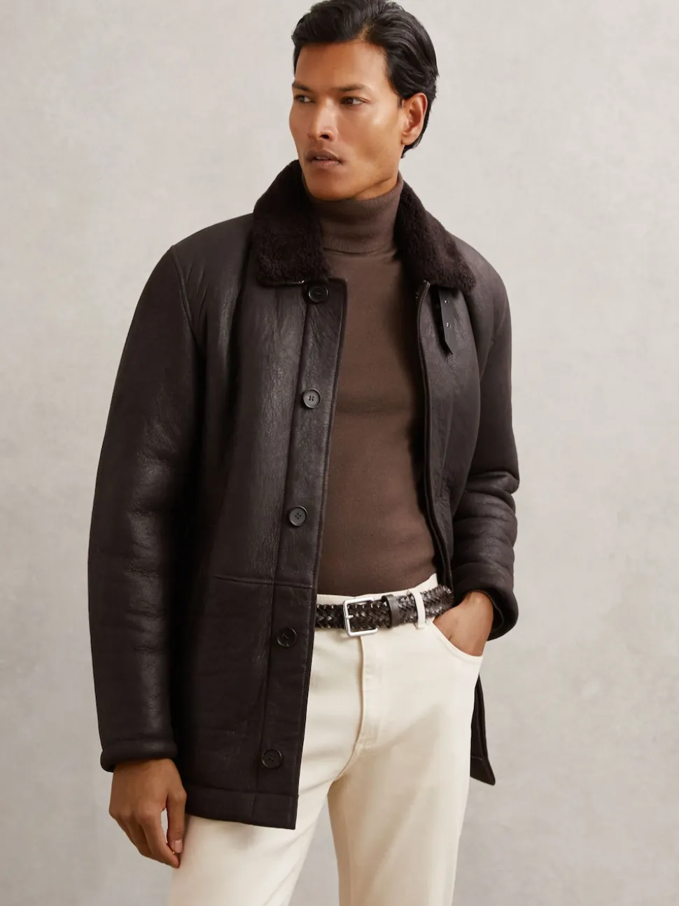 Reiss Chocolate Carlton Leather Woven Belt
