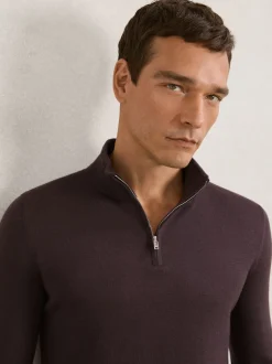 Reiss Dark Bordeaux Blackhall Merino Wool Half-Zip Funnel Neck Jumper