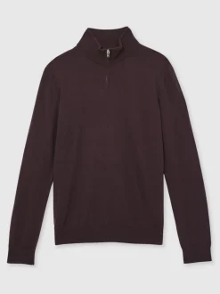 Reiss Dark Bordeaux Blackhall Merino Wool Half-Zip Funnel Neck Jumper
