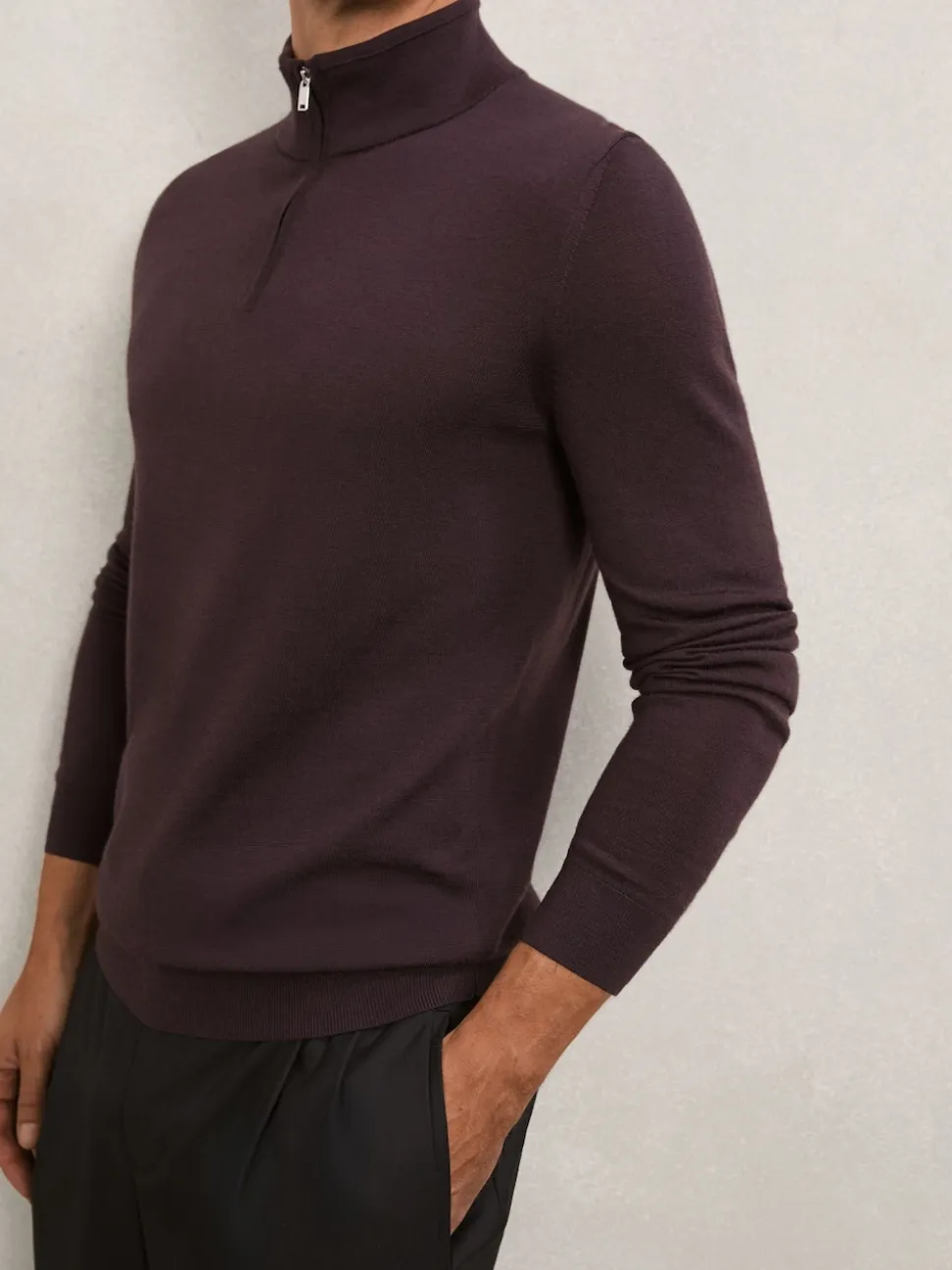 Reiss Dark Bordeaux Blackhall Merino Wool Half-Zip Funnel Neck Jumper