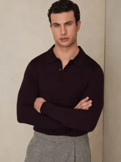 Reiss Dark Bordeaux Trafford Merino Wool Long-Sleeve Polo Shirt