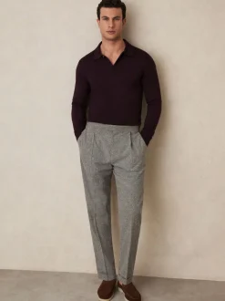 Reiss Dark Bordeaux Trafford Merino Wool Long-Sleeve Polo Shirt
