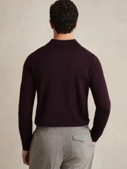 Reiss Dark Bordeaux Trafford Merino Wool Long-Sleeve Polo Shirt