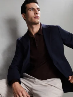 Reiss Dark Bordeaux Trafford Merino Wool Long-Sleeve Polo Shirt