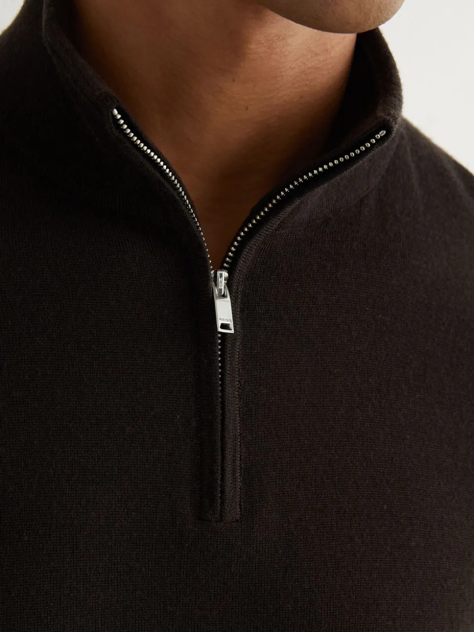 Reiss Dark Brown Blackhall Merino Wool Half-Zip Funnel Neck Jumper