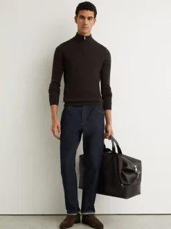 Reiss Dark Brown Blackhall Merino Wool Half-Zip Funnel Neck Jumper