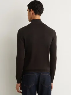 Reiss Dark Brown Blackhall Merino Wool Half-Zip Funnel Neck Jumper