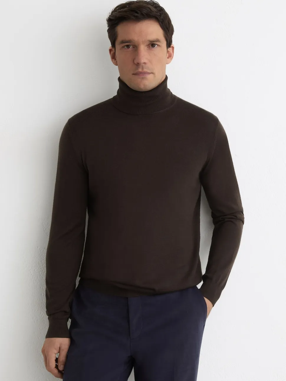 Reiss Dark Brown Caine Slim Fit Merino Wool Roll Neck Jumper