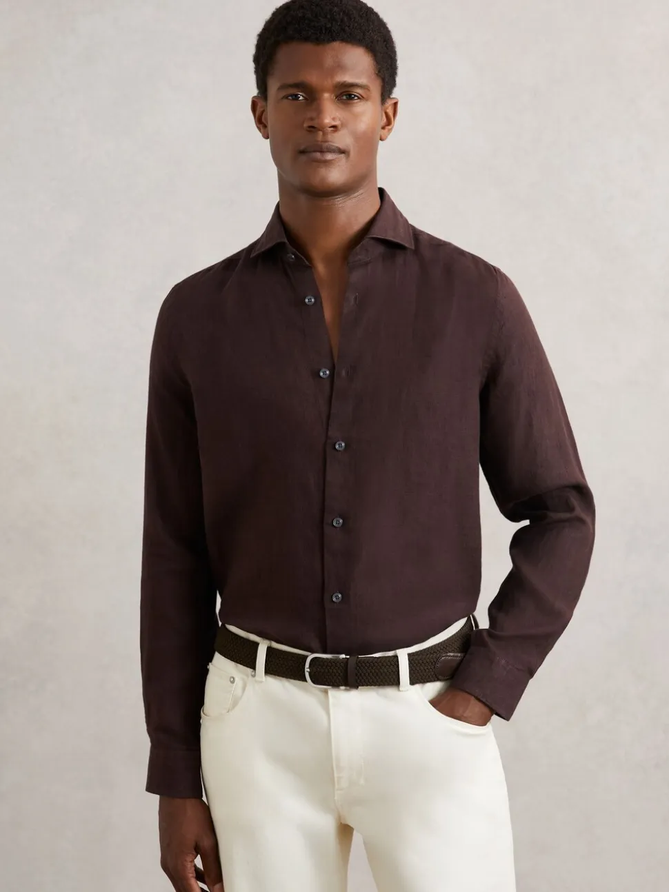 Reiss Dark Brown Ruban Linen Cutaway-Collar Regular-Fit Shirt