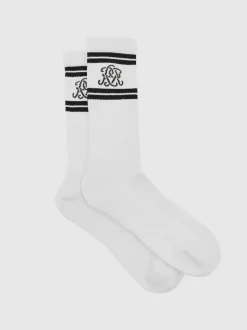 Reiss Ecru/Chocolate Brown Maurice Monogram Cotton-Blend Rib Sport Socks