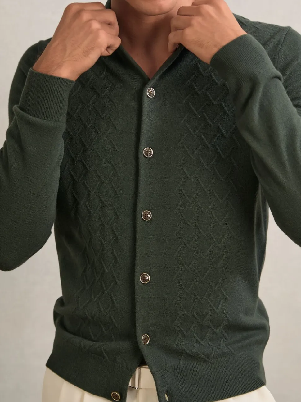 Reiss Forest Green Gideon Wool V-Stitch Button-Through Cardigan