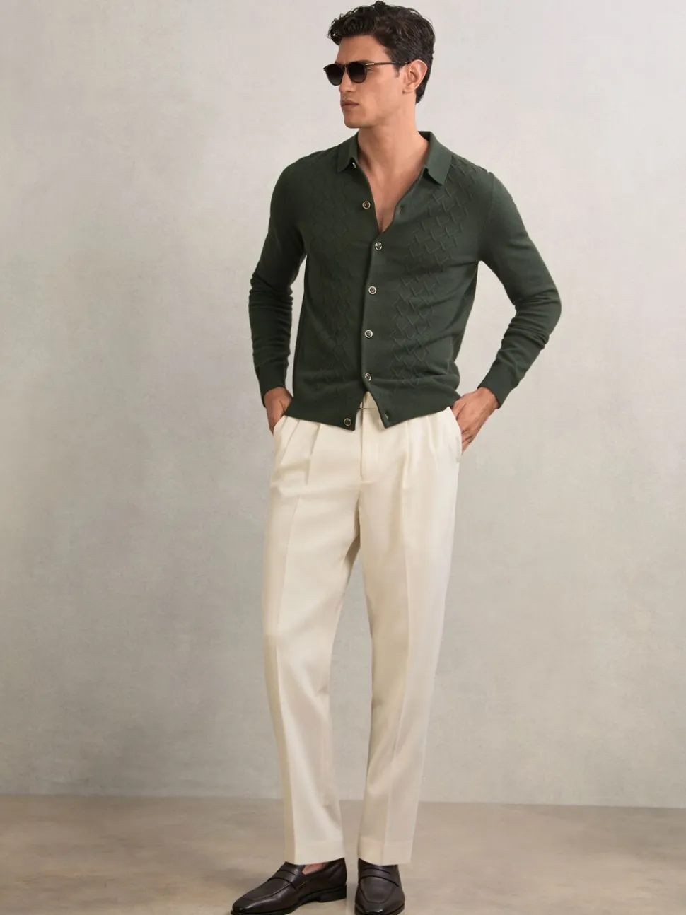 Reiss Forest Green Gideon Wool V-Stitch Button-Through Cardigan
