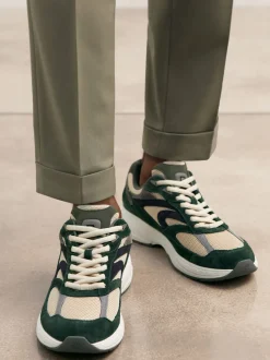 Reiss Forest Green/Stone Nido Panelled Running Trainers