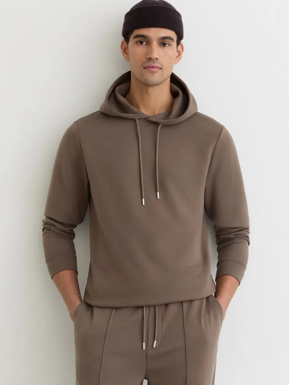 Reiss Light Brown Fabien Premium Interlock-Jersey Hoodie