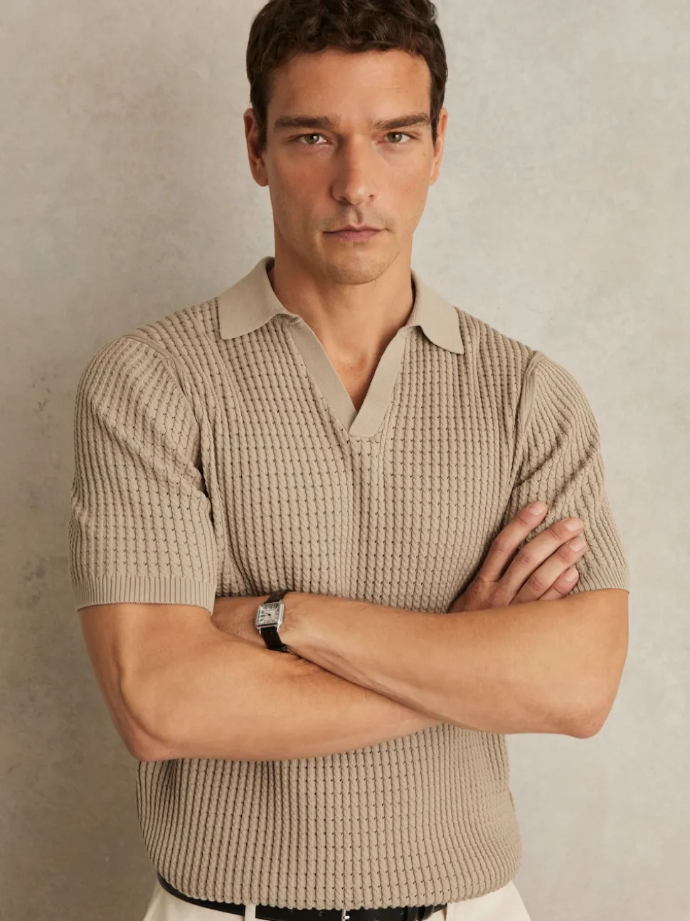 Reiss Light Camel Brown Merit Micro-Cable Open-Collar Cotton-Blend Shirt