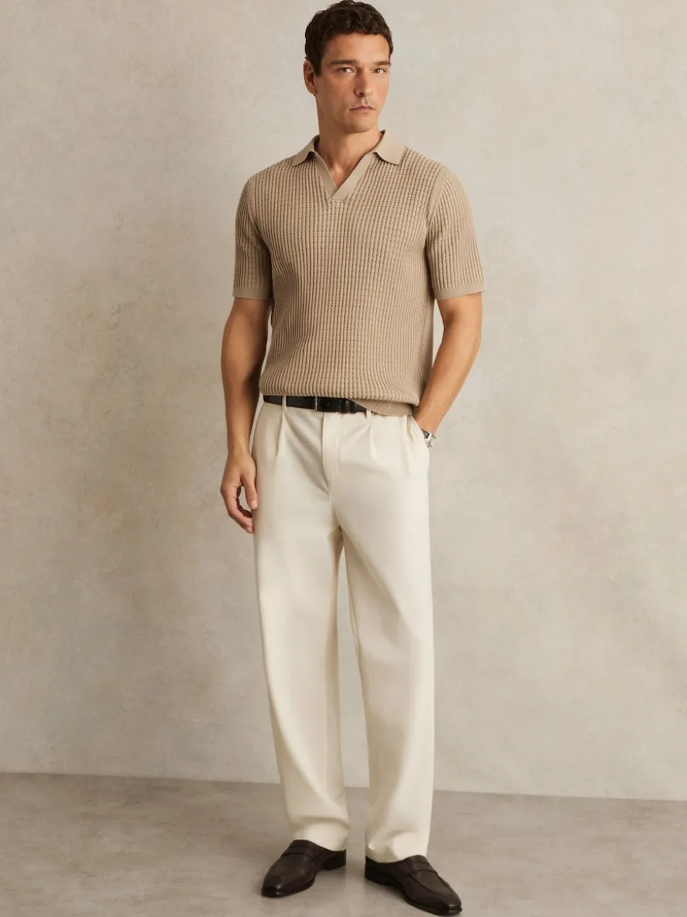 Reiss Light Camel Brown Merit Micro-Cable Open-Collar Cotton-Blend Shirt