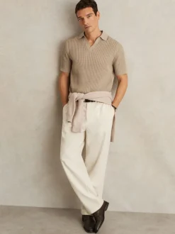 Reiss Light Camel Brown Merit Micro-Cable Open-Collar Cotton-Blend Shirt