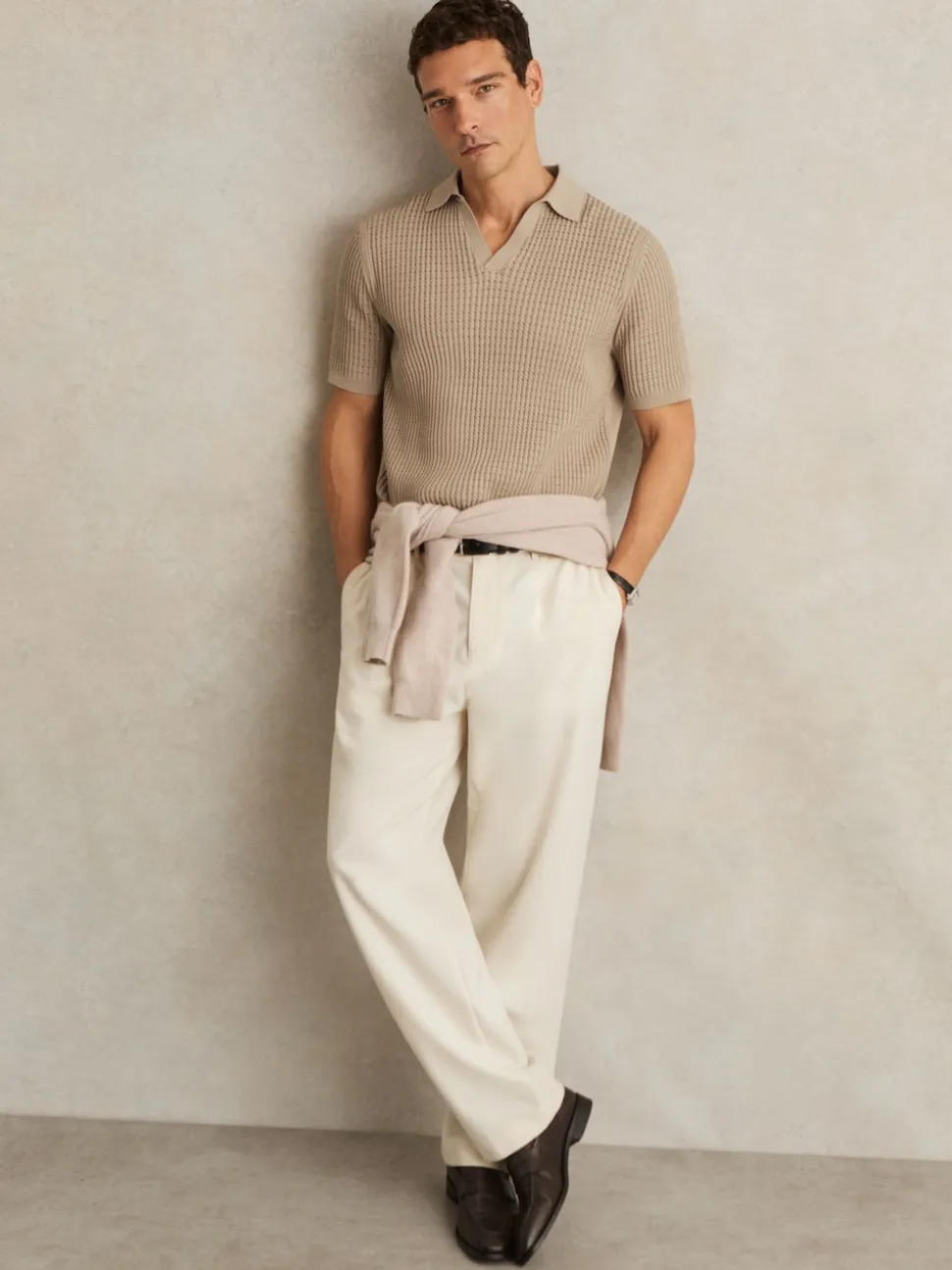 Reiss Light Camel Brown Merit Micro-Cable Open-Collar Cotton-Blend Shirt