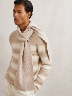Reiss Light Oatmeal Melange Chesterfield Merino Wool Rib-Knit Scarf