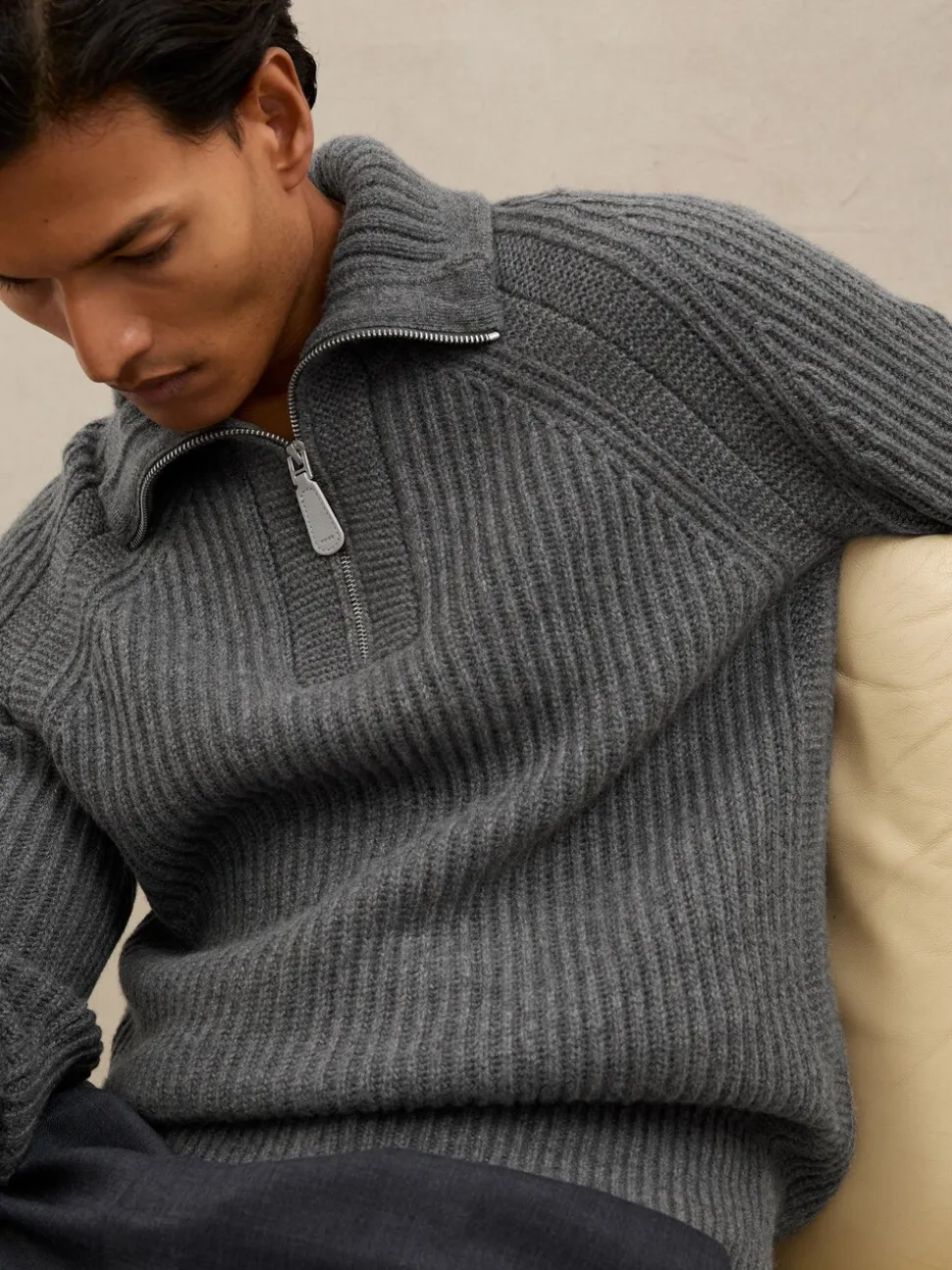 Reiss Mid Grey Brioche Atelier 100% Cashmere Half-Zip Jumper