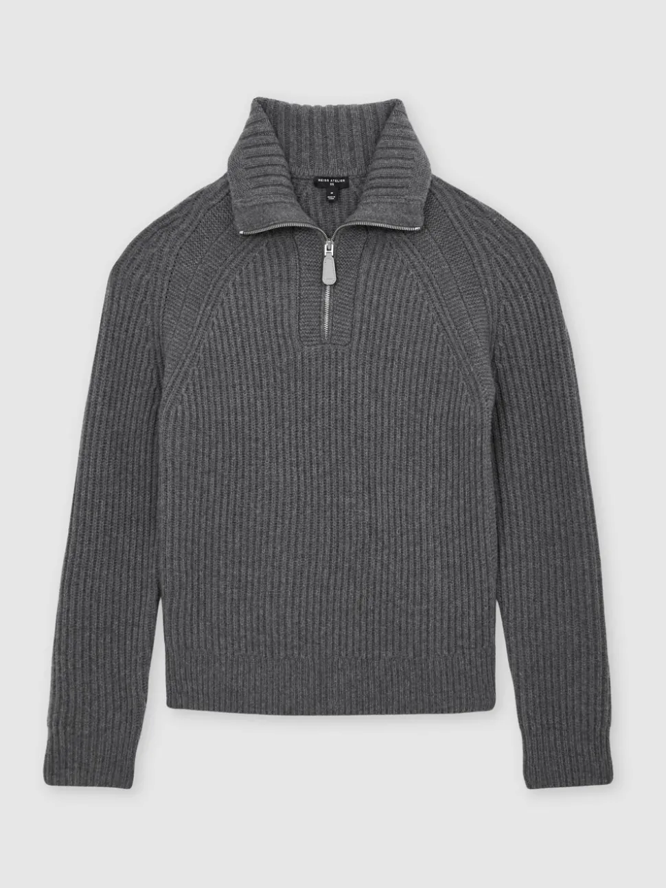 Reiss Mid Grey Brioche Atelier 100% Cashmere Half-Zip Jumper