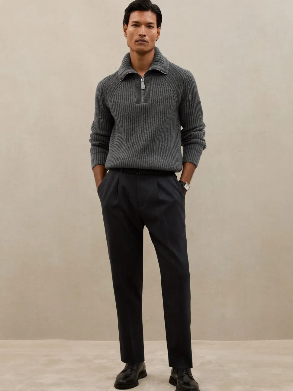 Reiss Mid Grey Brioche Atelier 100% Cashmere Half-Zip Jumper
