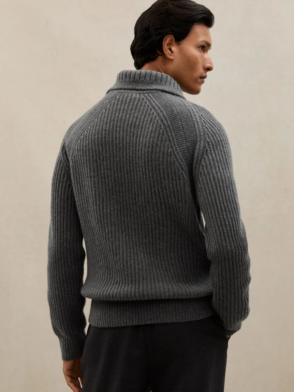 Reiss Mid Grey Brioche Atelier 100% Cashmere Half-Zip Jumper