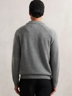 Reiss Mid Grey Melange Banbury Wool-Cashmere Open-Collar Jumper