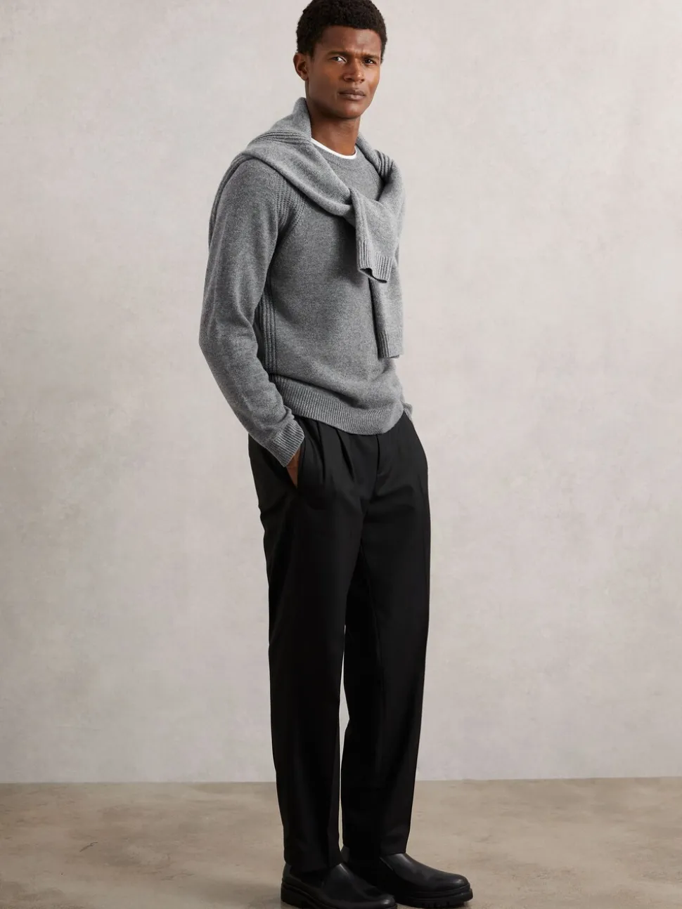 Reiss Mid Grey Melange Foulton Wool-Cashmere Reverse-Seam Jumper