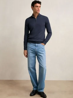 Reiss Midnight Navy Blackhall Merino Wool Half-Zip Funnel Neck Jumper