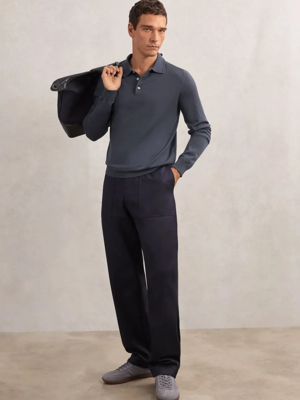 Reiss Midnight Navy Trafford Merino Wool Long-Sleeve Polo Shirt
