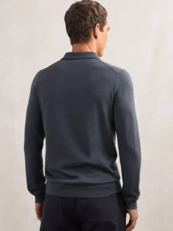 Reiss Midnight Navy Trafford Merino Wool Long-Sleeve Polo Shirt