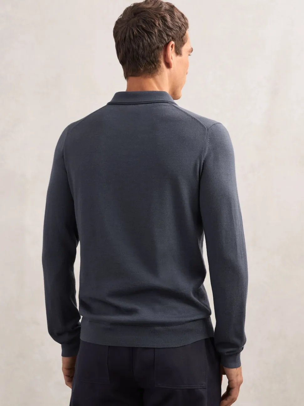 Reiss Midnight Navy Trafford Merino Wool Long-Sleeve Polo Shirt
