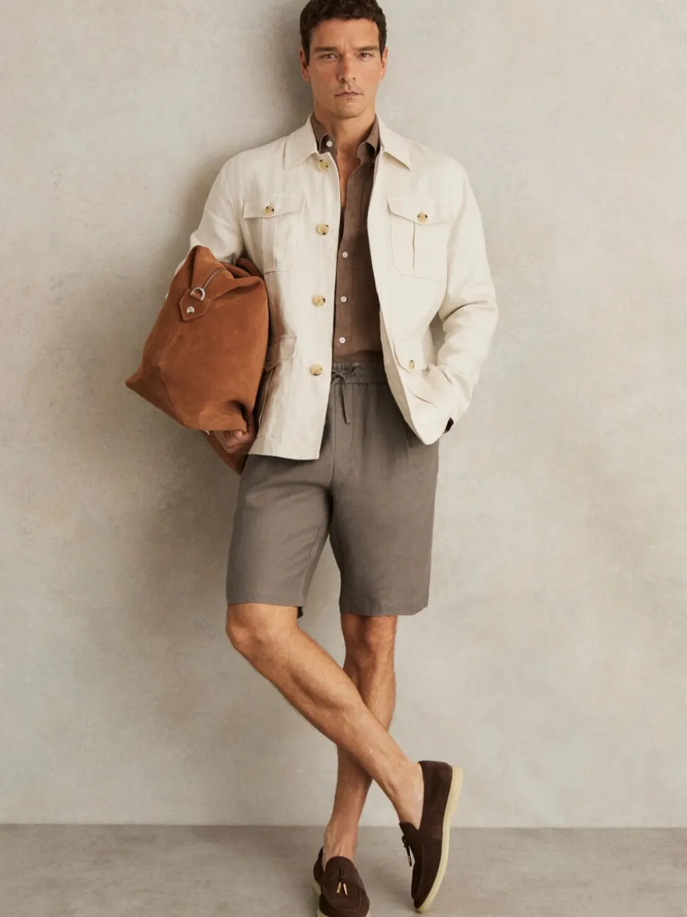 Reiss Mushroom Brown Barges Linen Drawstring Shorts