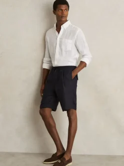 Reiss Navy Barges Linen Drawstring Shorts
