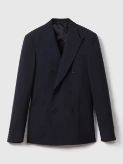 Reiss Navy Belmont Db Double-Breasted Textured Suit Blazer Tailored-Fit With Wool