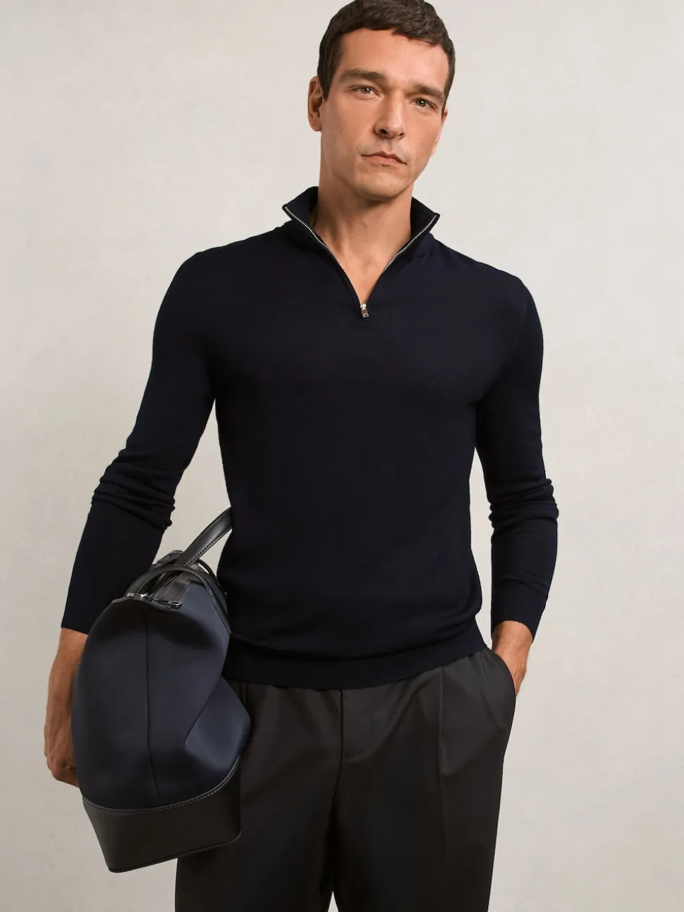 Reiss Navy Blackhall Merino Wool Half-Zip Funnel Neck Jumper