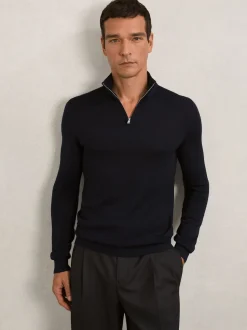 Reiss Navy Blackhall Merino Wool Half-Zip Funnel Neck Jumper