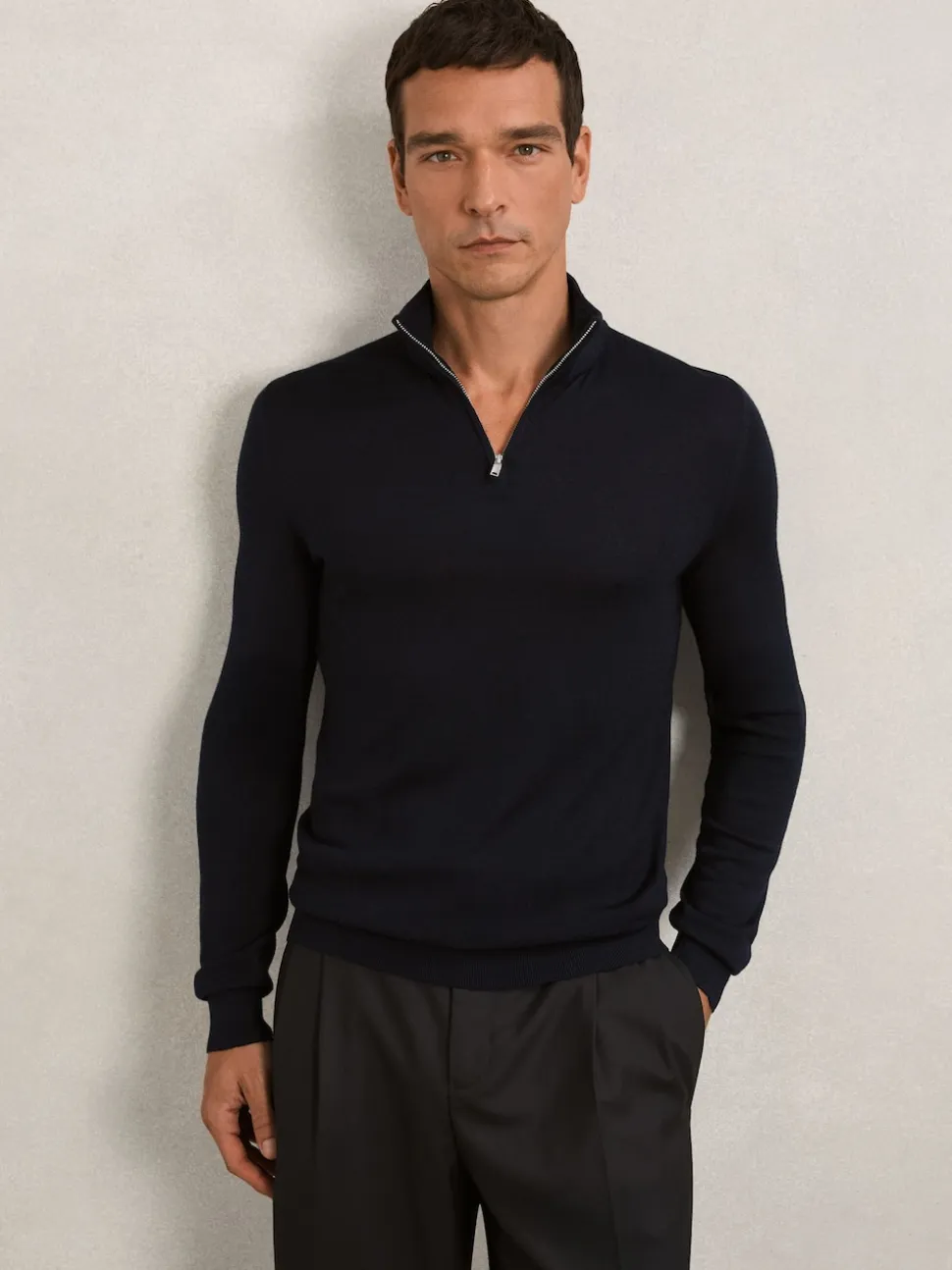 Reiss Navy Blackhall Merino Wool Half-Zip Funnel Neck Jumper