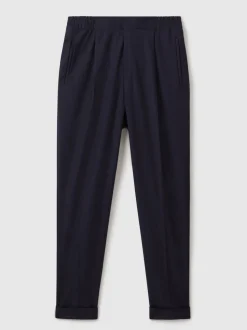 Reiss Navy Brighton Relaxed Drawstring Trousers with Turn-Ups