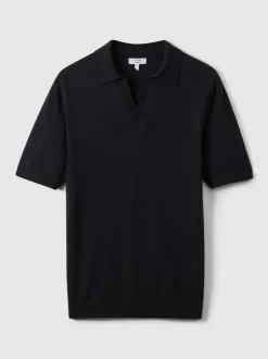 Reiss Navy Duchie Merino Wool Open-Collar Polo Shirt