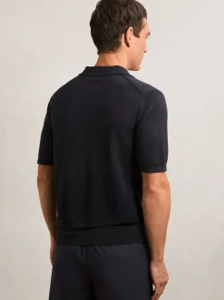 Reiss Navy Duchie Merino Wool Open-Collar Polo Shirt