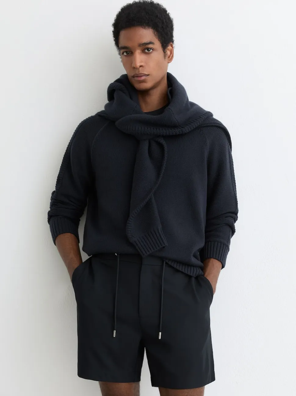 Reiss Navy Newmark Textured Drawstring Shorts