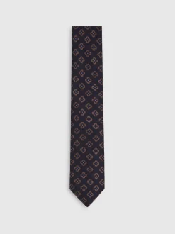 Reiss Navy Omero Silk-Wool Floral-Medallion Tie