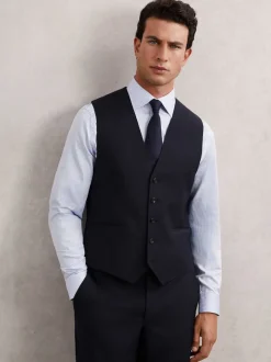 Reiss Navy Promise Wool-Blend Tailored-Fit Waistcoat