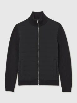 Reiss Navy Townsend Quilted Rib-Knit Funnel-Neck Jacket