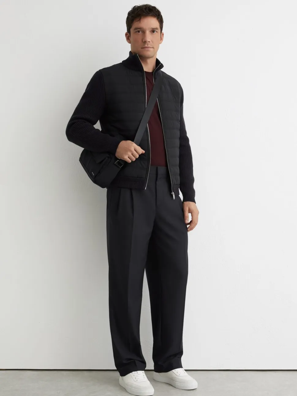 Reiss Navy Townsend Quilted Rib-Knit Funnel-Neck Jacket