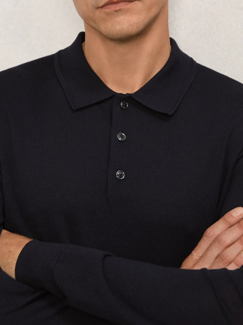 Reiss Navy Trafford Merino Wool Long-Sleeve Polo Shirt