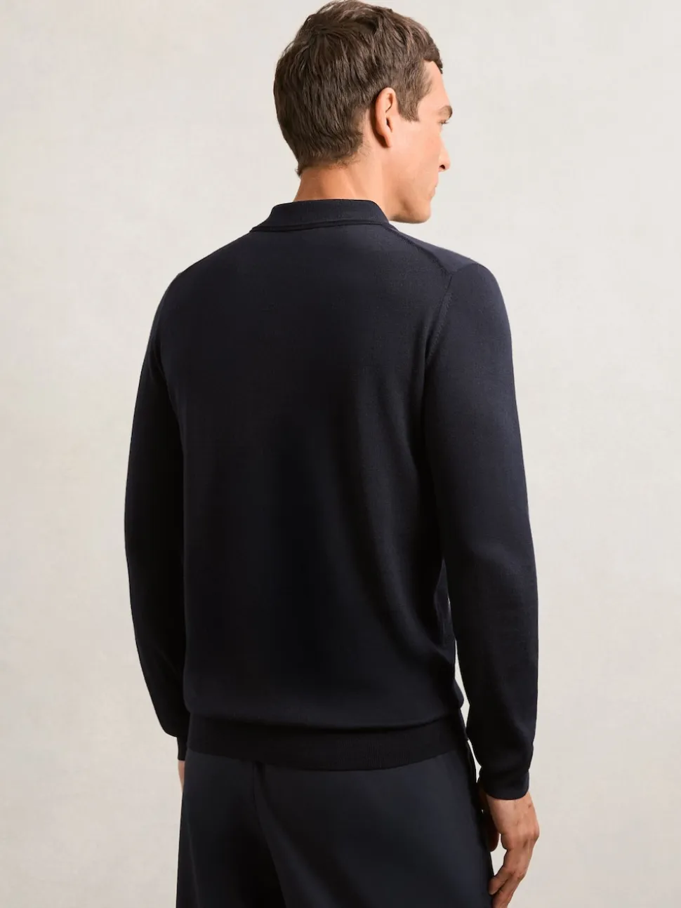 Reiss Navy Trafford Merino Wool Long-Sleeve Polo Shirt