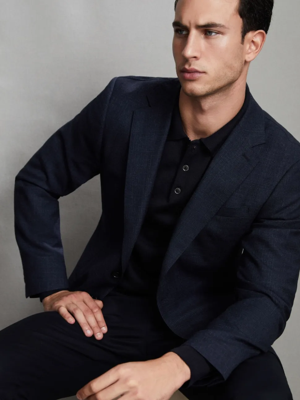 Reiss Navy Trafford Merino Wool Long-Sleeve Polo Shirt